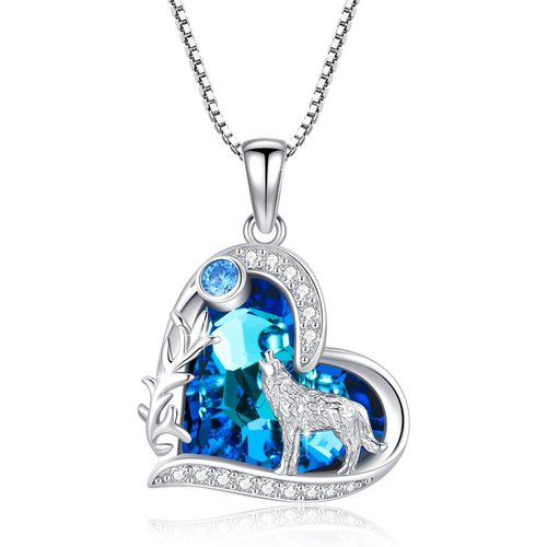 Sterling Silver Blue Heart Wolf Crystal Pendant Necklace For Women
