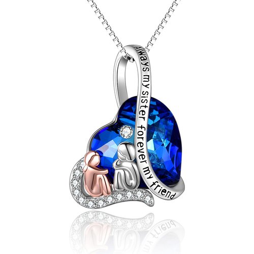 Sterling Silver Heart Crystal With Sisters Pendant Necklace With Engraved Word For Women