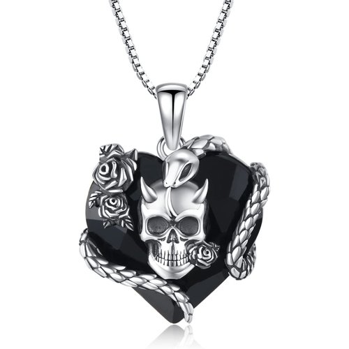 Sterling Silver Heart Skull Crystal Pendant Necklace