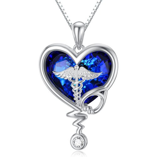 Sterling Silver Heart Stethoscope Crystal Pendant Necklace