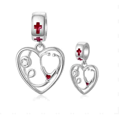 Sterling Silver Cubic Zirconia Heart & Stethoscope Dangle Charm
