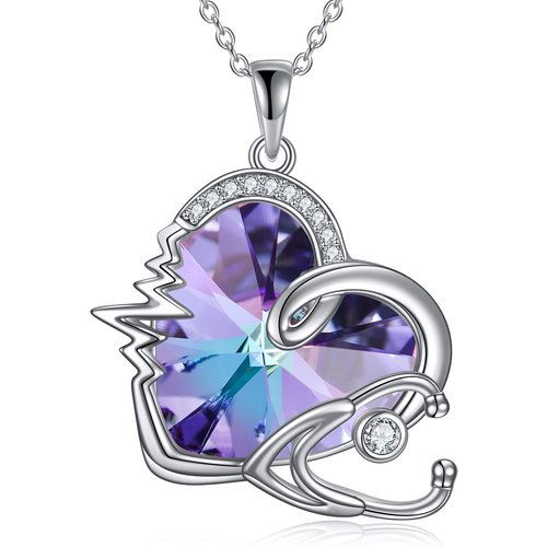 Sterling Silver Heart & Stethoscope Purple Crystal Pendant Necklace
