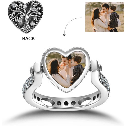Sterling Silver Cubic Zirconia Heart & Tree Of Life Personalized Photo Spinner Ring