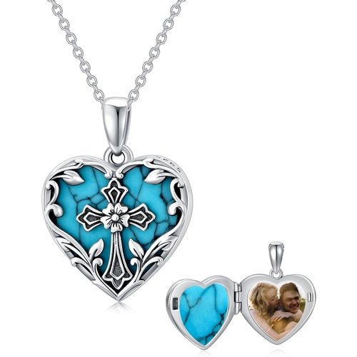 Sterling Silver Heart Turquoise Cross Personalized Photo Locket Necklace For Best Friend