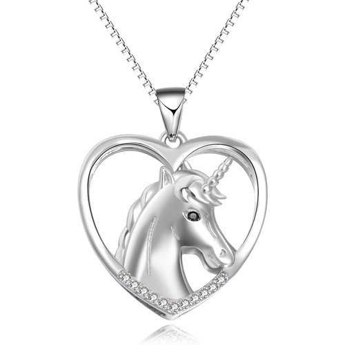 Sterling Silver Cubic Zirconia Heart & Unicorn Pendant Necklace