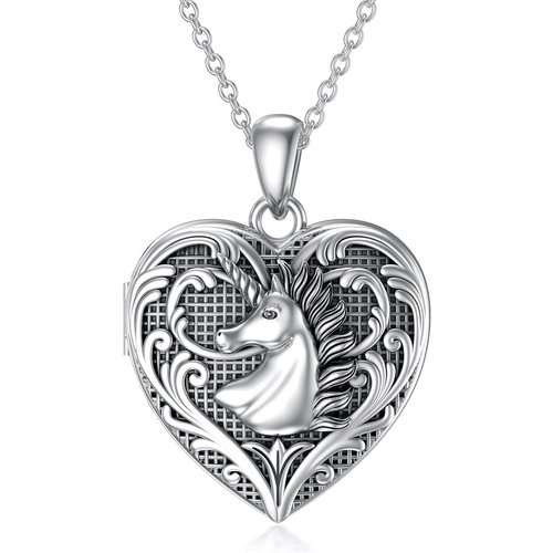 Sterling Silver Heart & Unicorn Personalized Photo Locket Necklace