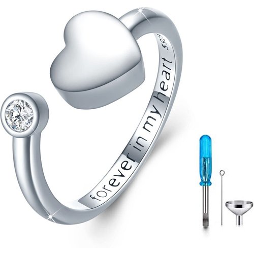 Sterling Silver Cubic Zirconia Heart Urn for Ashes Open Ring with Engraved Word