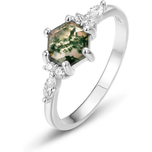 Sterling Silver Hexagon Moss Agate Engagement Ring