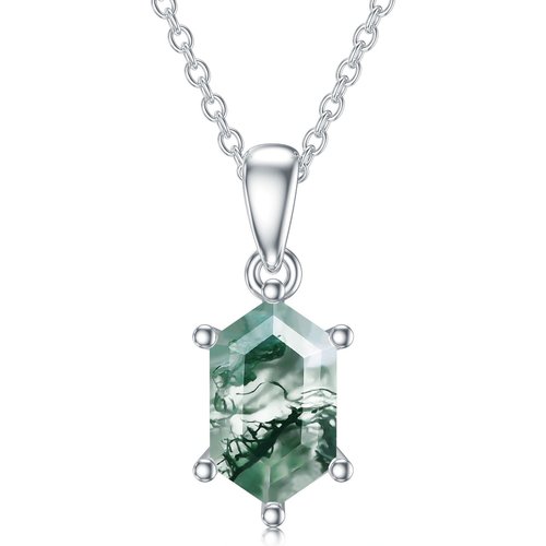 Sterling Silver Hexagon Moss Agate Pendant Necklace
