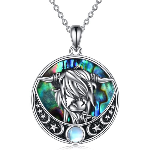 Sterling Silver Circular Moonstone Highland Cow Moon Star Necklace for Women Men