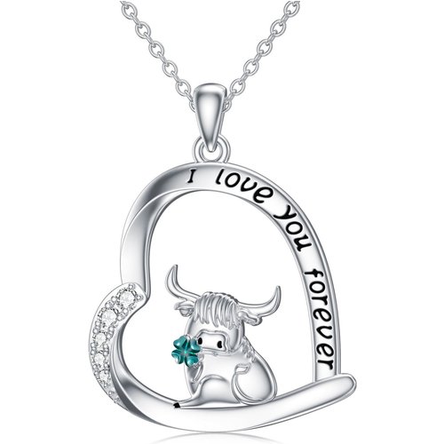 Sterling Silver Cubic Zirconia Highland Cow With Four-Leave Clover Pendant Necklace With Engraved Word For Women Best Friend