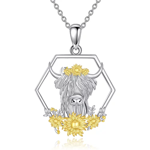 Sterling Silver Highland Cow & Sunflower Pendant Necklace