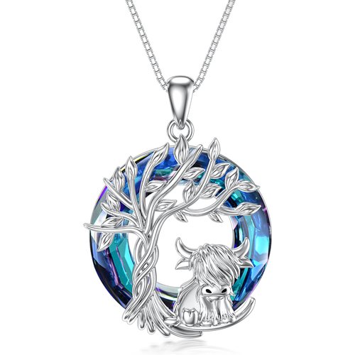 Sterling Silver Highland Cow & Tree Of Life Crystal Pendant Necklace