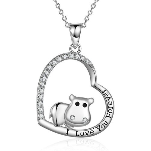 Sterling Silver Hippo & Heart Pendant Necklace with Engraved Word