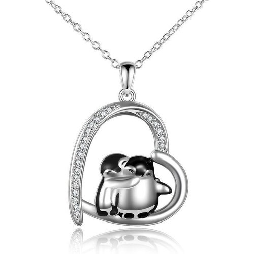 Sterling Silver Cubic Zirconia Hugging Penguins & Heart Pendant Necklace