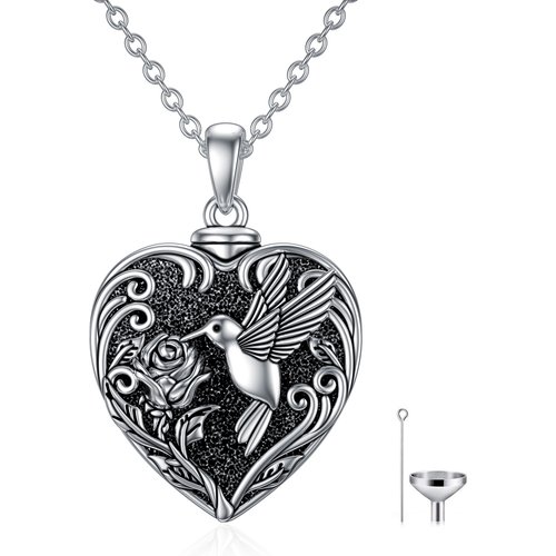 Sterling Silver Hummingbird & Rose Urn Necklace for Ashes