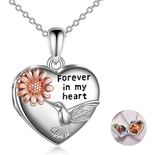 Sterling Silver Hummingbird & Sunflower Personalized Photo Locket Necklace with Engraved Word
