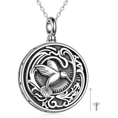 Sterling Silver Hummingbird Urn Necklace for Ashes with Engraved Word