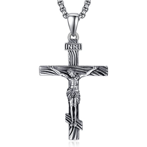 Sterling Silver INRI Jesus Cross Pendant Necklace for Men