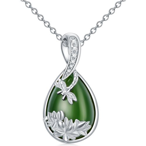 Sterling Silver Jade With Cubic Zirconia Dragonfly Pendant Necklace For Women