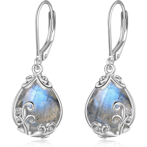 Sterling Silver Lablagite Drop Shape & Filigree Lever-back Earrings