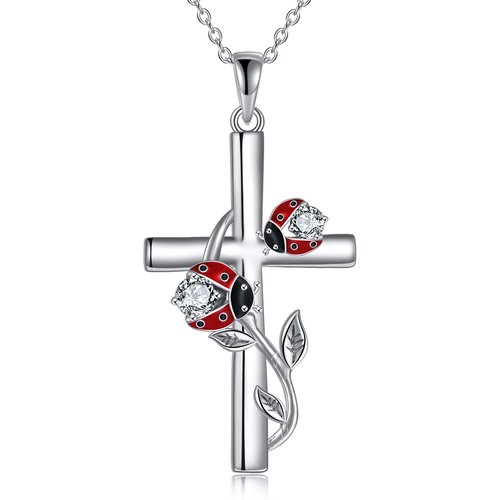 Sterling Silver Cubic Zirconia Ladybug & Cross Pendant Necklace