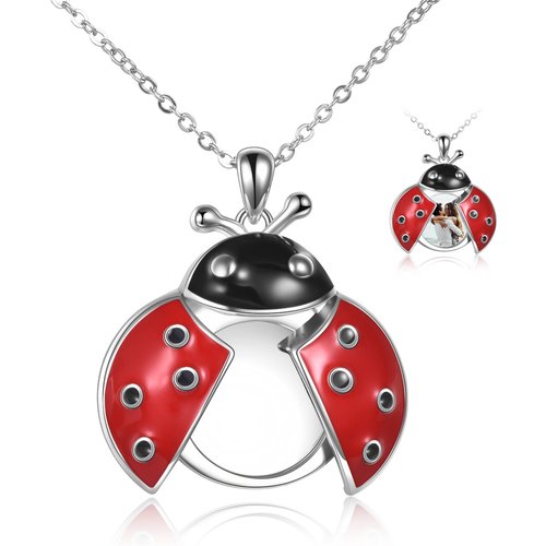 Sterling Silver Ladybug Personalized Photo Locket Necklace for Women