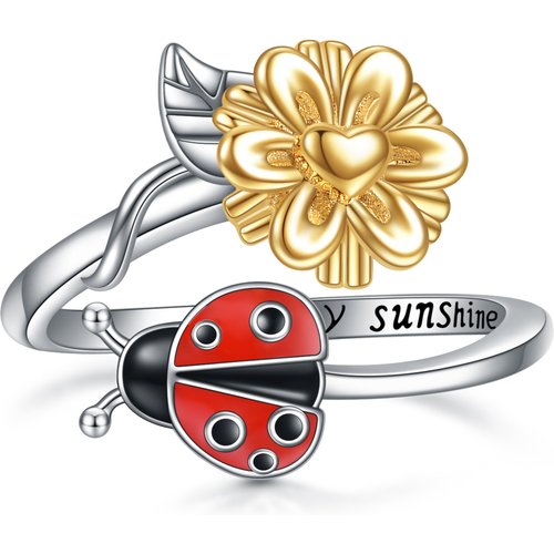 Sterling Silver Ladybug & Sunflower Open Ring with Engraved Word