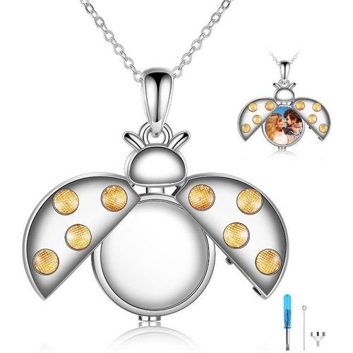 Sterling Silver Ladybug Urn Necklace for Ashes with Engraved Word