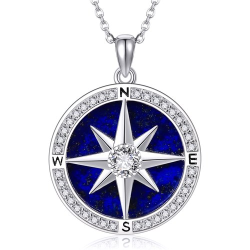 Sterling Silver Cubic Zirconia & Lapis Lazuli Compass Pendant Necklace