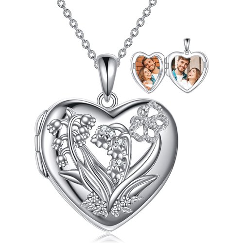 Sterling Silver Lily Of The Valley Heart Pendant Personalized Photo Locket Necklace