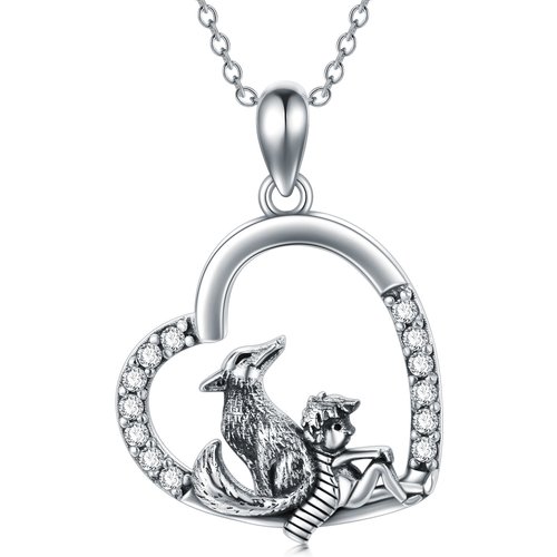 Sterling Silver Cubic Zirconia Little Prince & Fox Heart Pendant Necklace