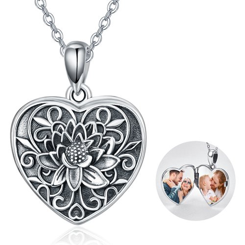 Sterling Silver Lotus & Heart Personalized Photo Locket Necklace
