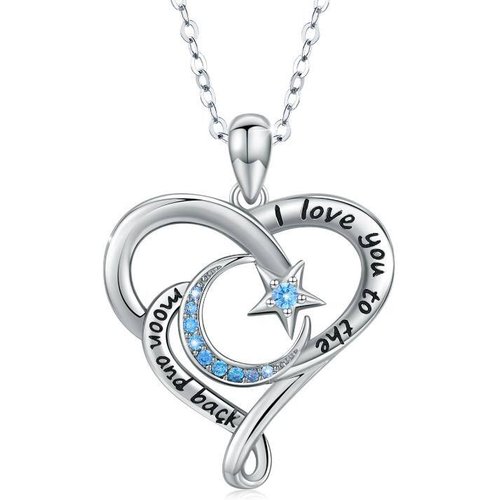 Sterling Silver Cubic Zirconia Heart & Moon & Star Pendant Necklace with Engraved Word
