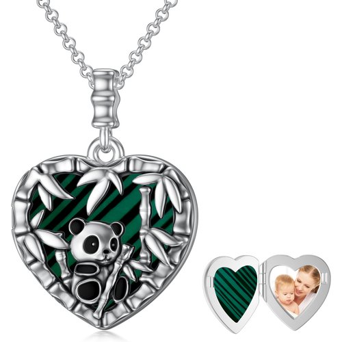 Sterling Silver Malachite Panda & Heart Pendant Necklace