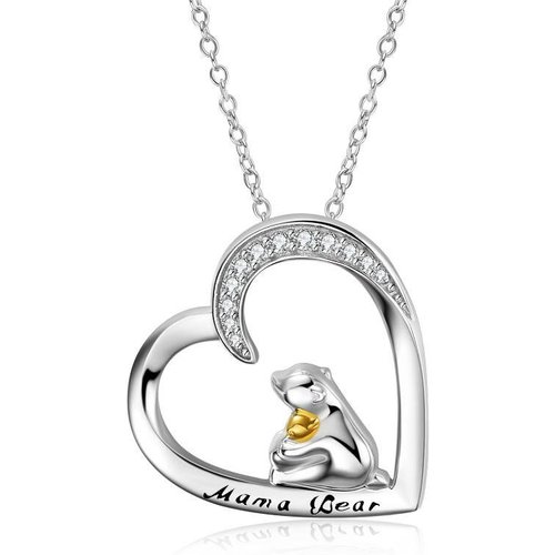 Sterling Silver Two-tone Cubic Zirconia Bear Engraved Heart Necklace for Women