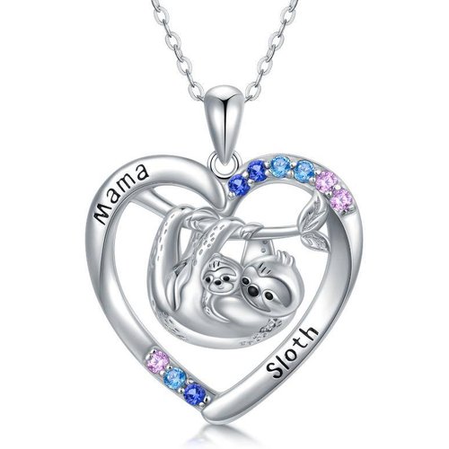 Sterling Silver Cubic Zirconia Mama Sloth Heart Pendant Necklace