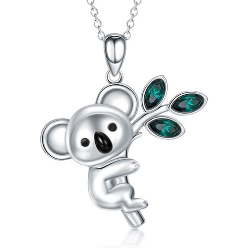 Sterling Silver Marquise Shaped Crystal Koala & Leaves Pendant Necklace