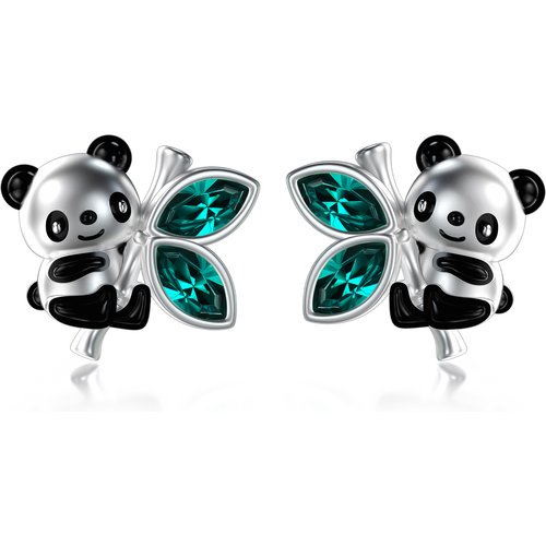 Sterling Silver Marquise Shaped Green Crystal Panda & Bamboo Stud Earrings