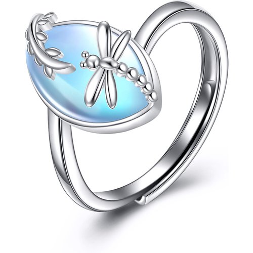 Sterling Silver Marquise Shaped Moonstone Dragonfly Open Ring