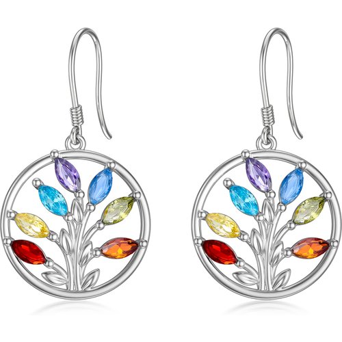 Sterling Silver Marquise Shaped Cubic Zirconia Tree Of Life Drop Earrings