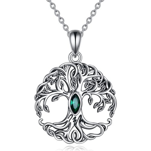 Sterling Silver Green Marquise Shaped Cubic Zirconia Tree Of Life Pendant Necklace