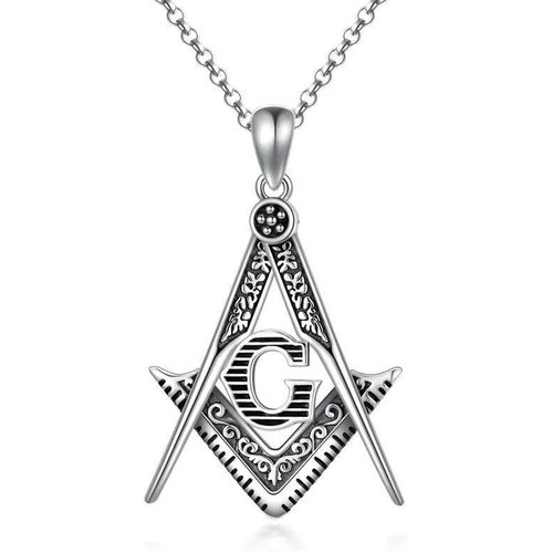Sterling Silver Masonic Symbol Pendant Necklace with Initial Letter G for Men