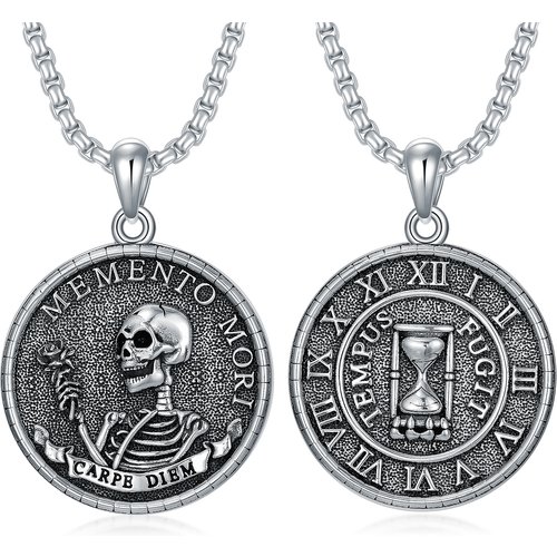 Sterling Silver Memento Mori Carpe Diem Hourglass Skeleton Pendant Necklace for Men