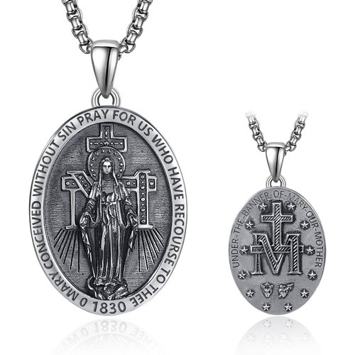 Sterling Silver Miraculous Medal Pendant Necklace for Men