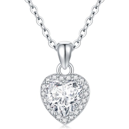 Sterling Silver Moissanite Heart Pendant Necklace with Engraved Word