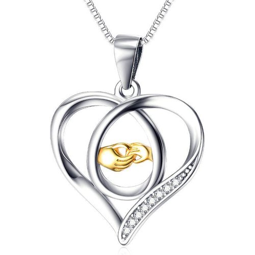 Sterling Silver Two-tone Cubic Zirconia Heart With Heart & Hold Hands Pendant Necklace