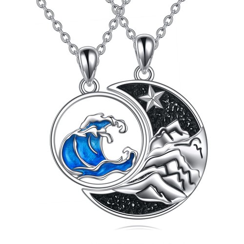 Sterling Silver Moon & Mountains Spray Pendant Couple Necklaces for Men Women