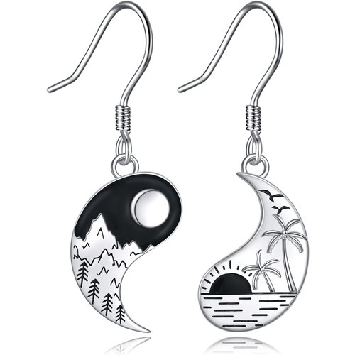 Sterling Silver Yin Yang Moon & Mountains Drop Earrings For Women