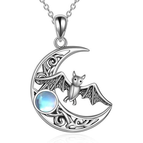Sterling Silver Moonstone Bat & Moon With Celtic Knot Pendant Necklace For Women